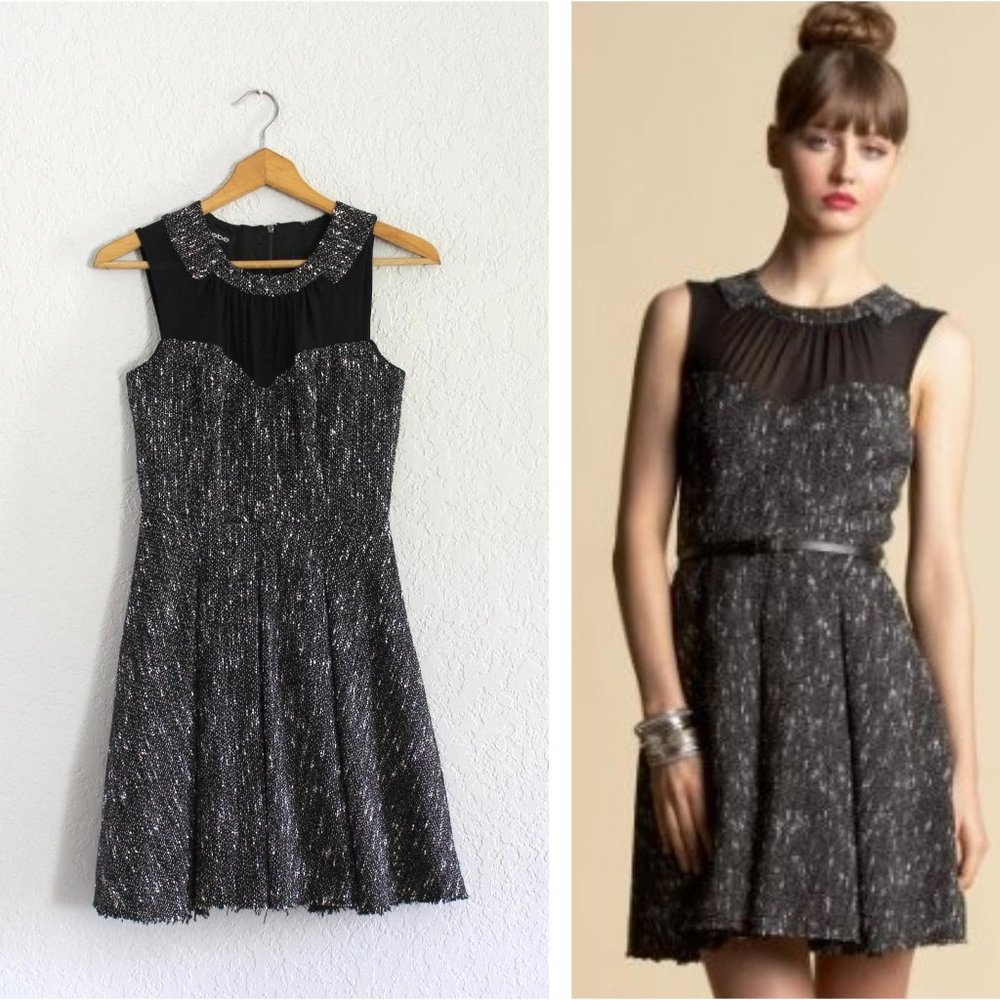 Bebe Dress elegant black white tweed mesh trim fringe hem Women's Sz 0 - Picture 1 of 12